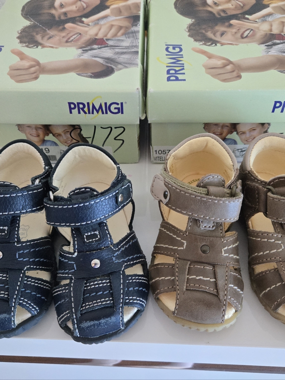 Primigi Navy Blue and Brown Kids' Genuine Leather Hook-and-Loop Sandals Size 19